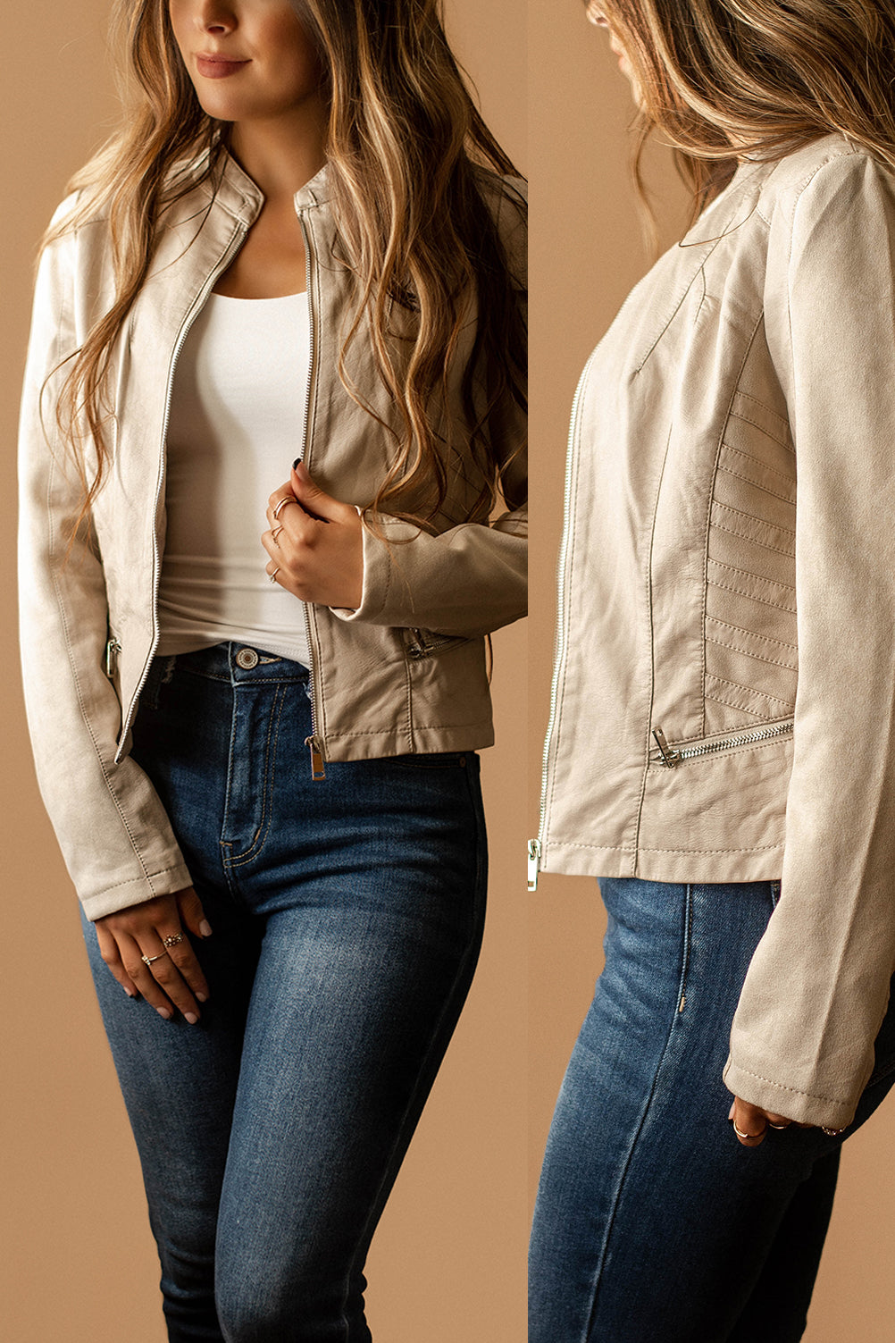 Cream leather moto jacket hotsell