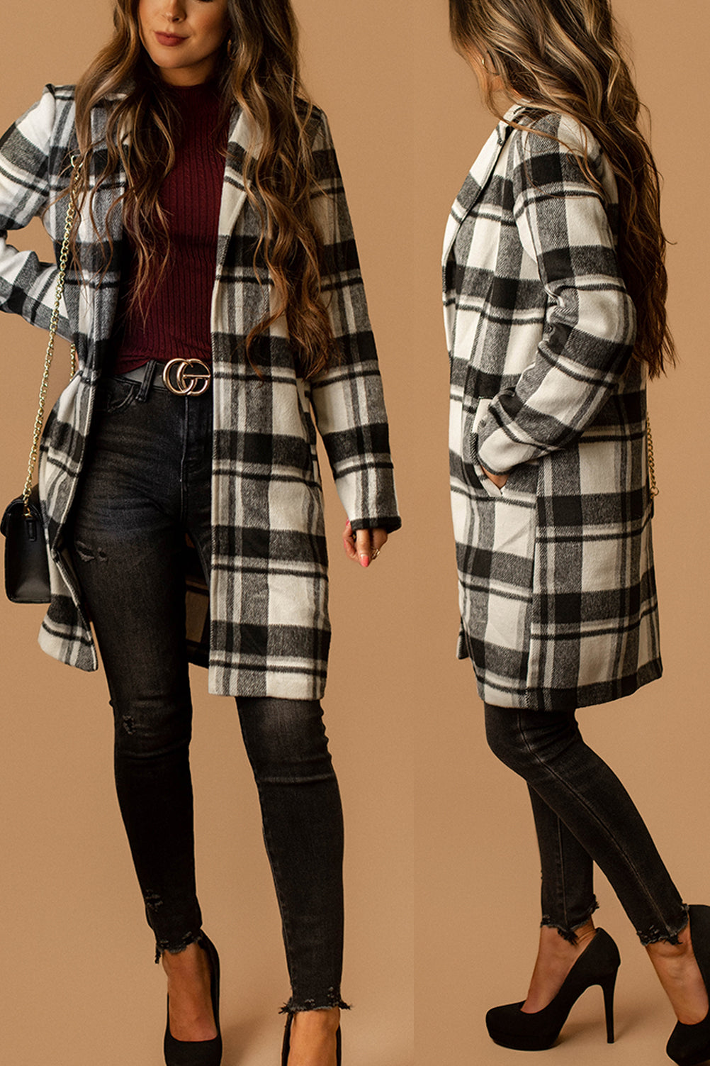 Edison Lapel Collar Plaid Coat Black White Wild Summer Boutique