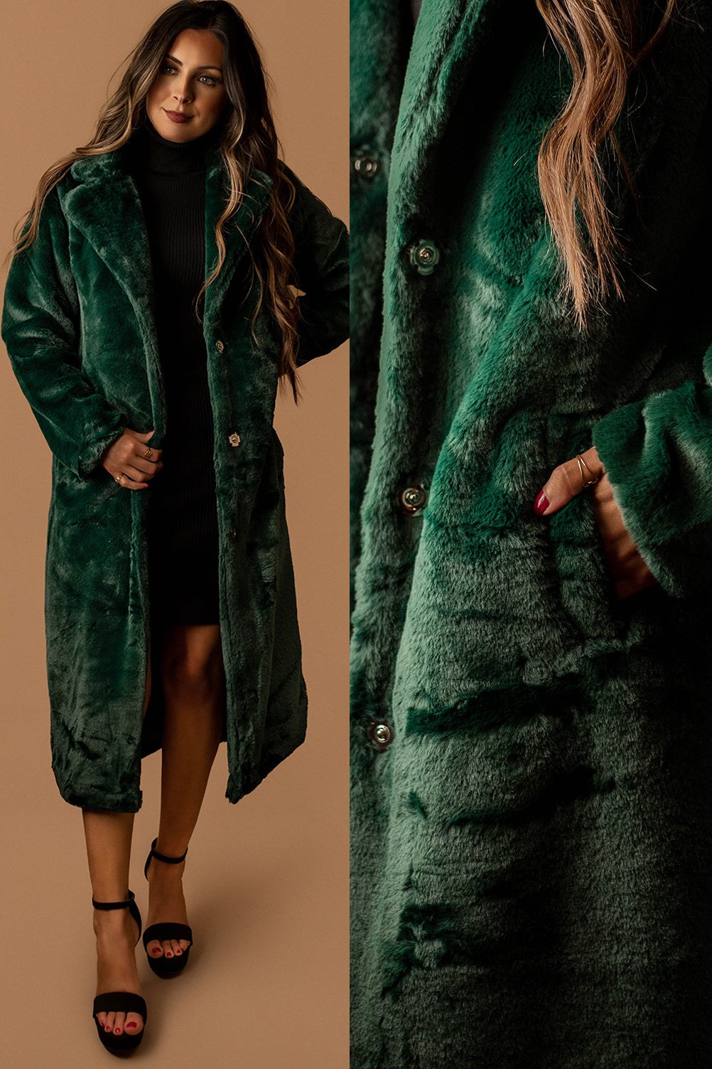MATRIOCHKAダークグリーン ラウンドカラー エコファーコート For Keeps Full Length Faux Fur Jacket (Hunter Green) – Wild Summer