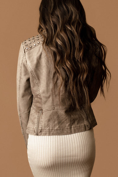Reckless Faux Leather Studded Moto Jacket (Grey)