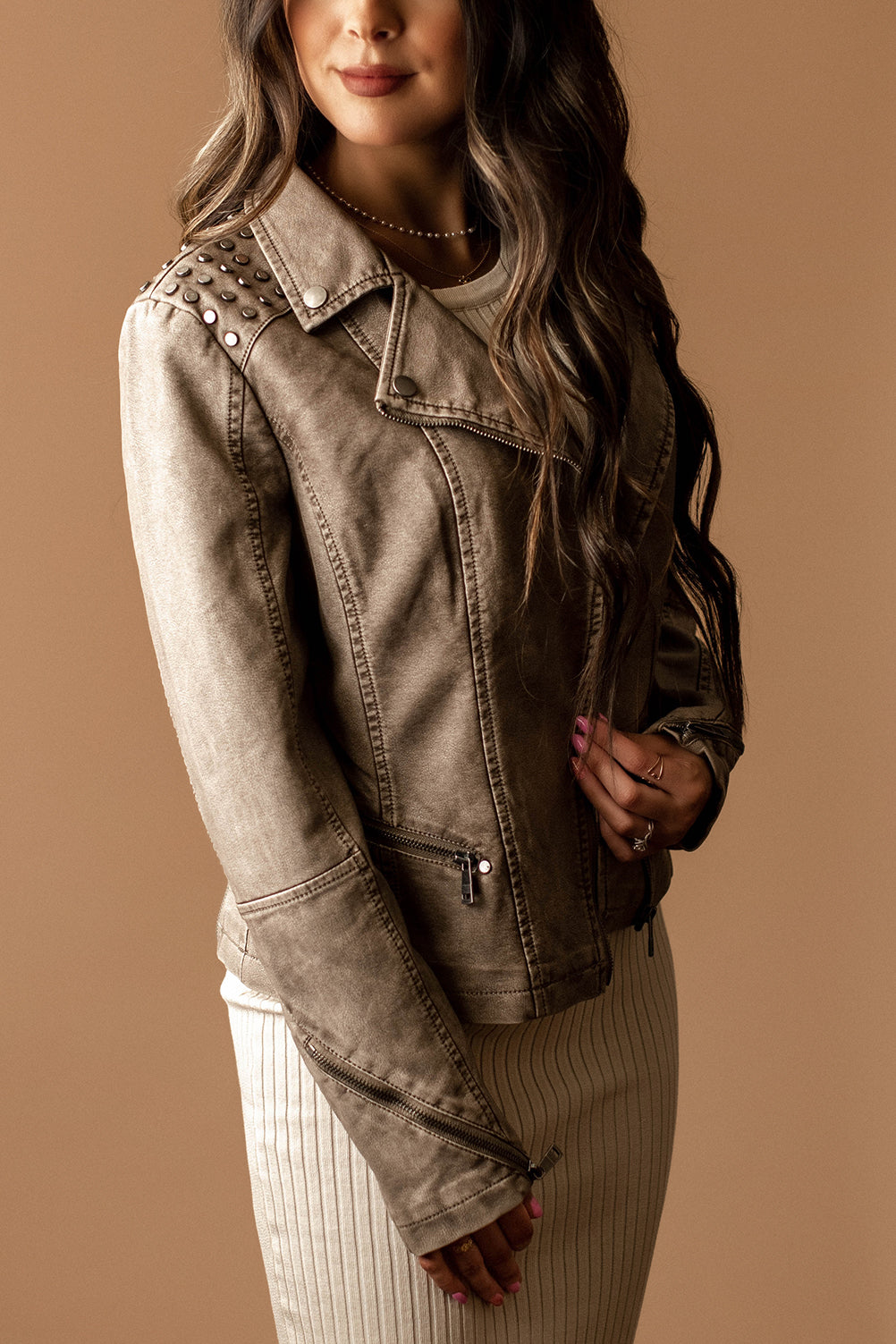 Reckless Faux Leather Studded Moto Jacket (Grey)