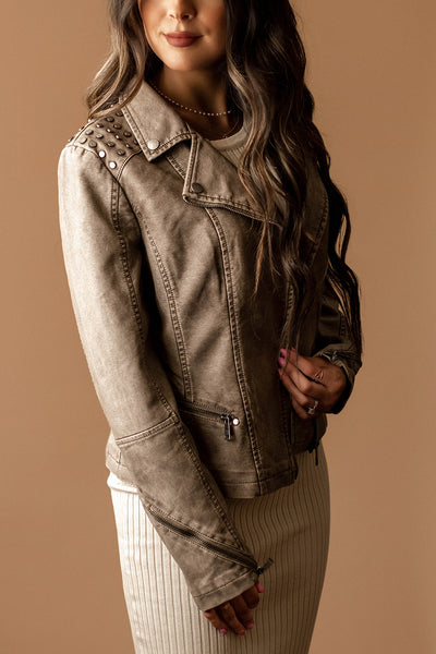 Reckless Faux Leather Studded Moto Jacket (Grey)
