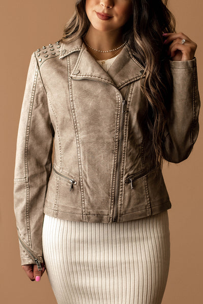 Reckless Faux Leather Studded Moto Jacket (Grey)