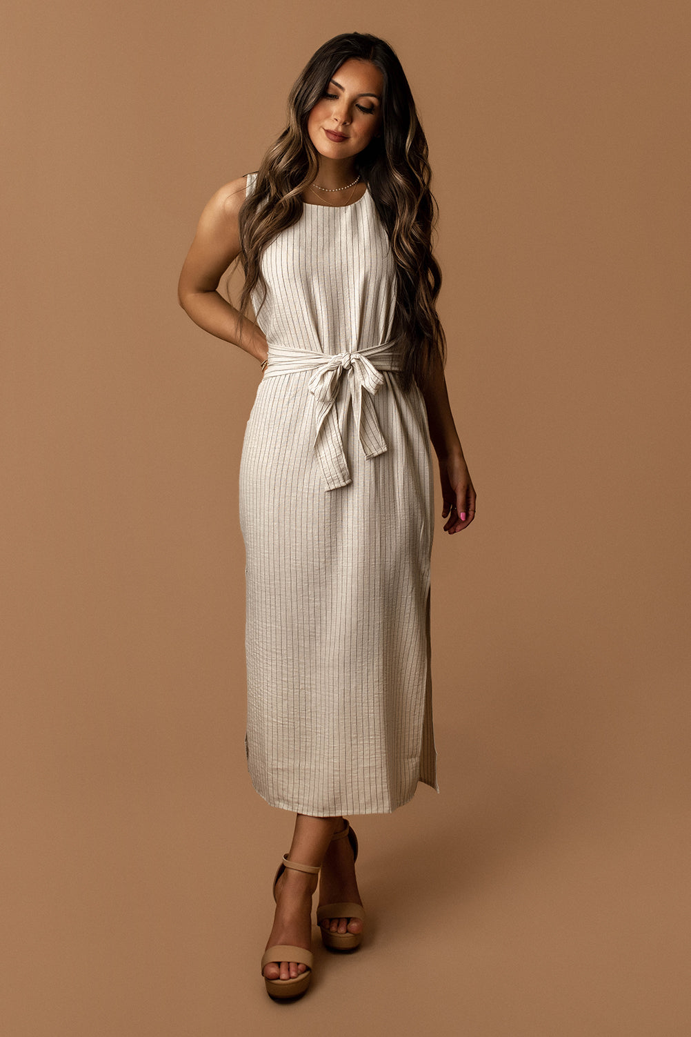 Valencia Striped Linen Effect Midi Dress (Natural)