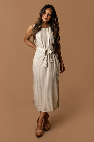 Valencia Striped Linen Effect Midi Dress (Natural)