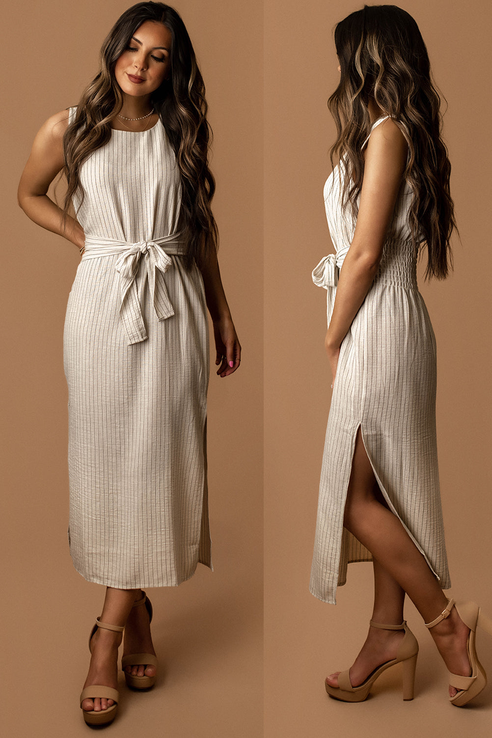 Valencia Striped Linen Effect Midi Dress (Natural)