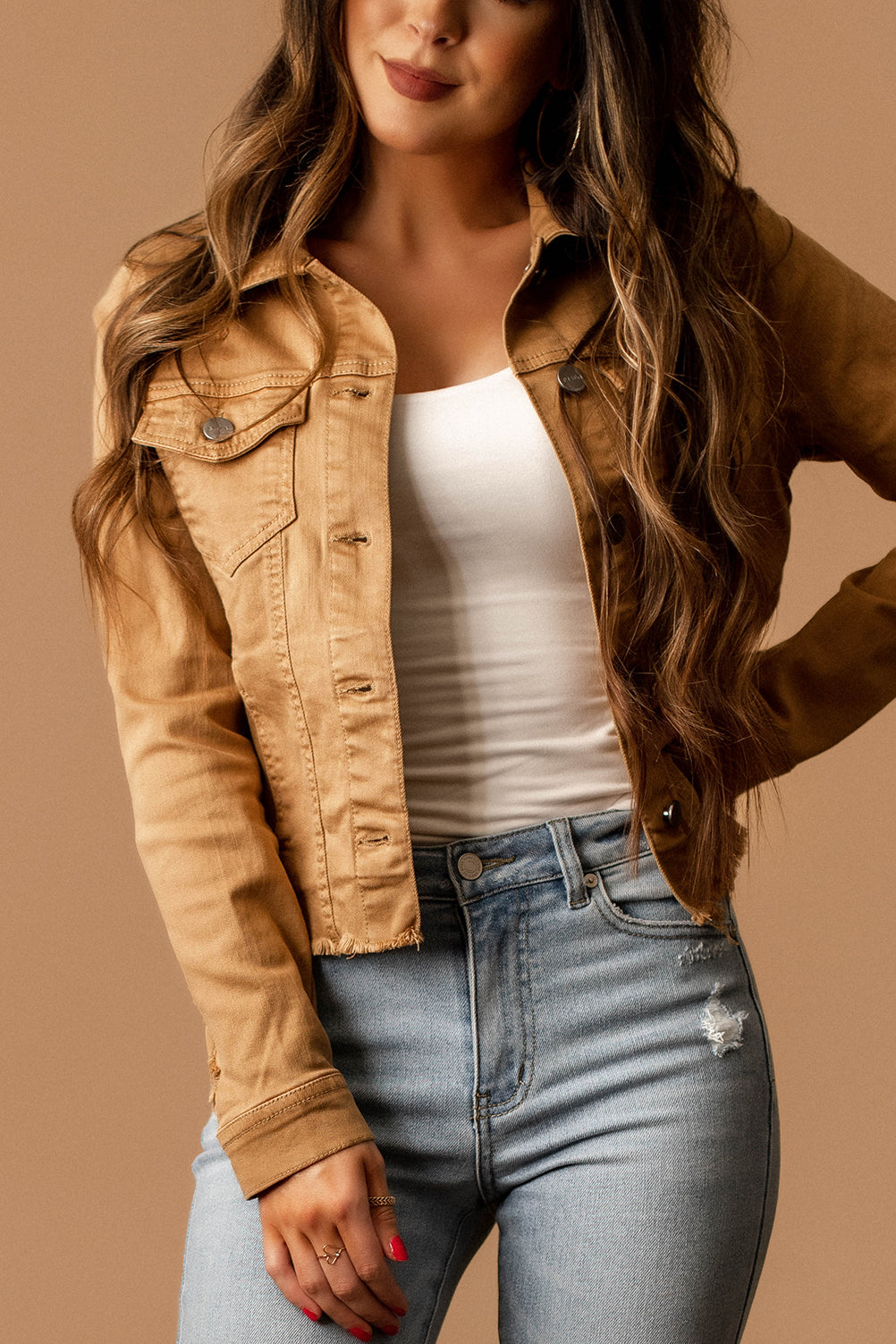 Make More Time Distressed Button Front Jacket (Camel) | FINAL SALE