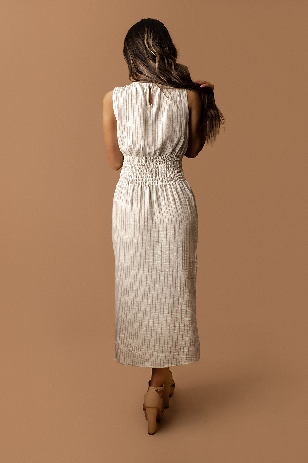 Valencia Striped Linen Effect Midi Dress (Natural)
