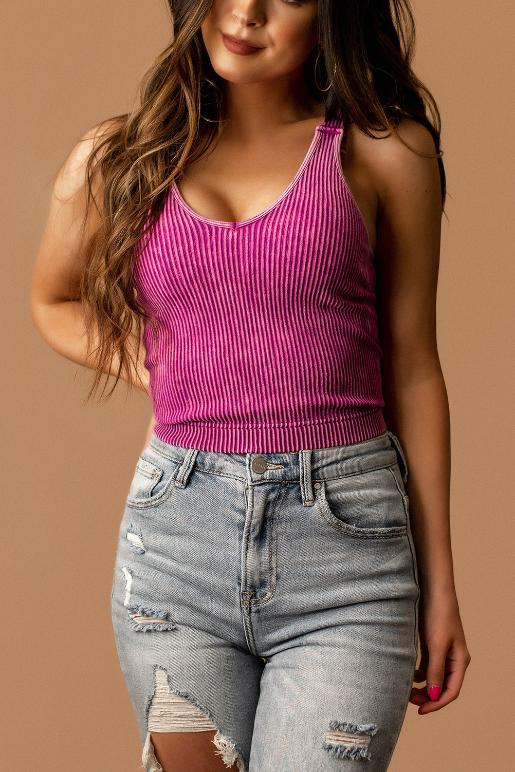 Aria Washed Ribbed Padded Tank (Neon Fuschia) | FINAL SALE