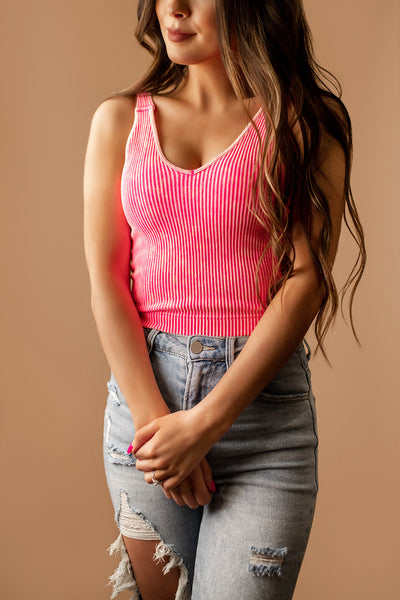 Aria Washed Ribbed Padded Tank (Neon Fuschia) | FINAL SALE