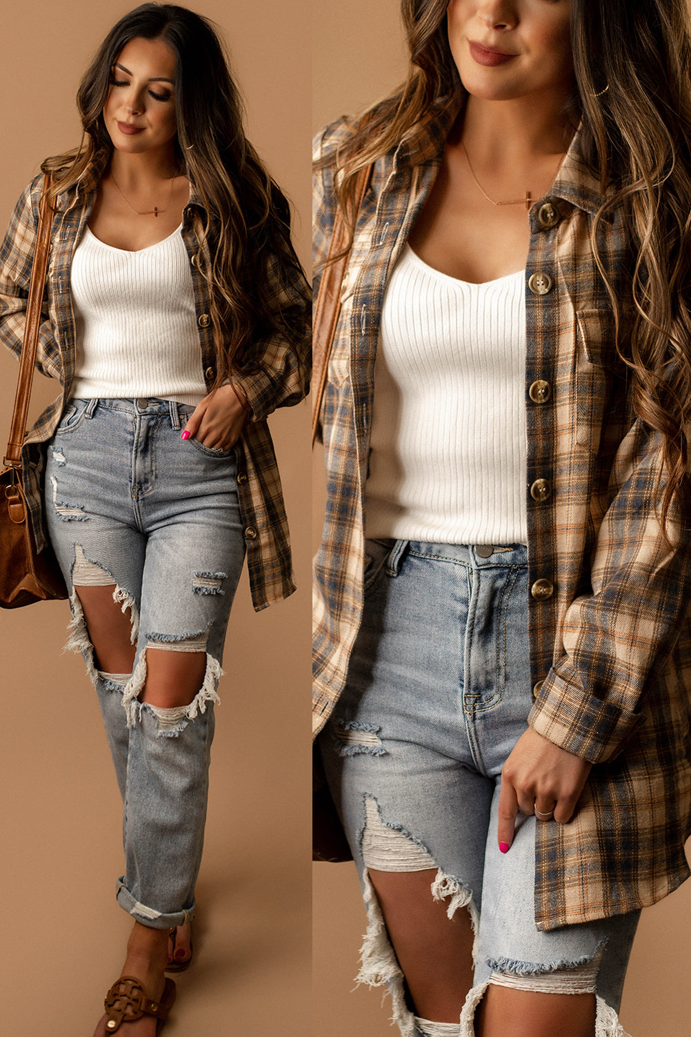 Doing Your Best Plaid Button Up (Beige)