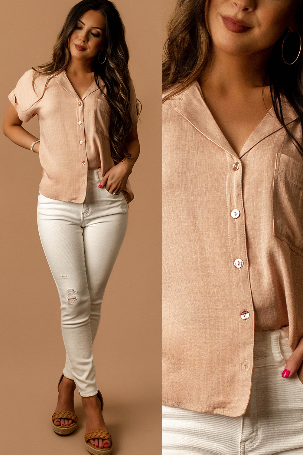 See You Then Short Sleeve Button Up (Dusty Peach)