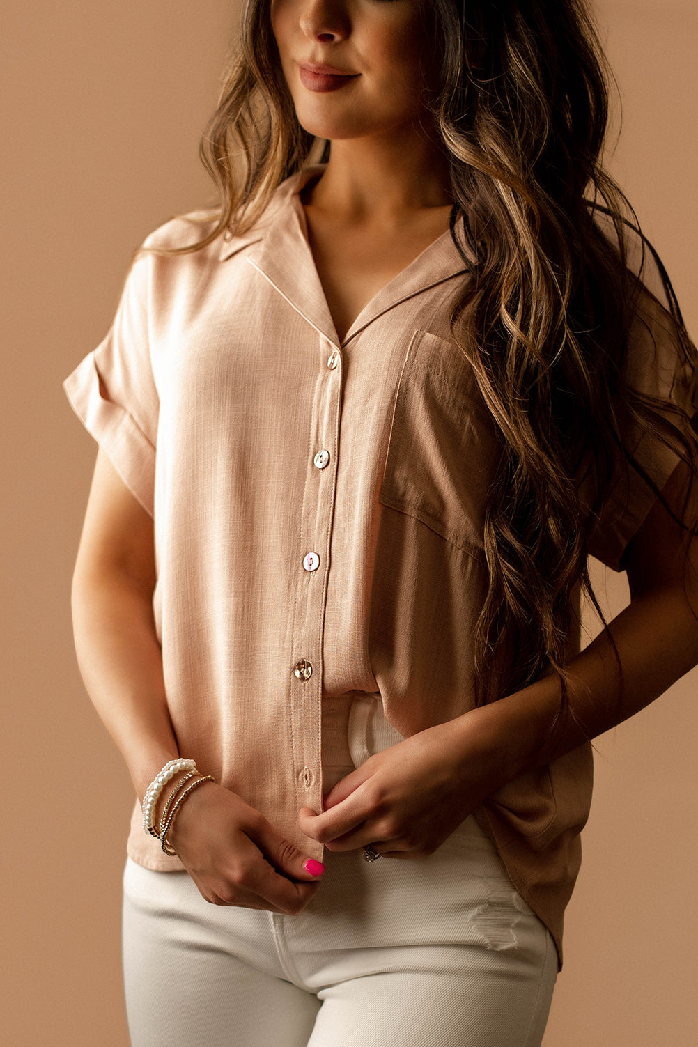 See You Then Short Sleeve Button Up (Dusty Peach)