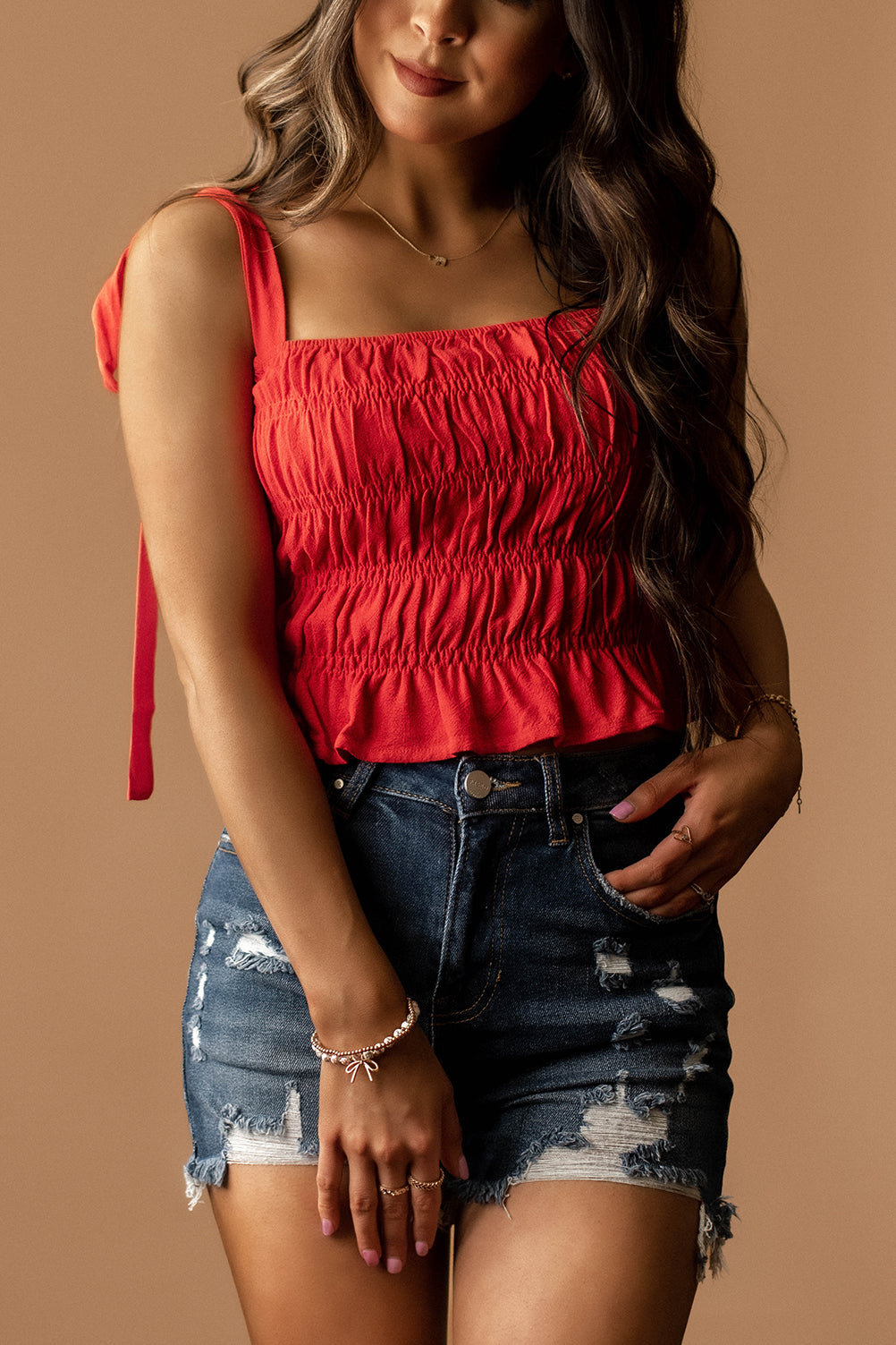 Tell Me Lies Smocked Tie-Strap Tank (Poppy Red)