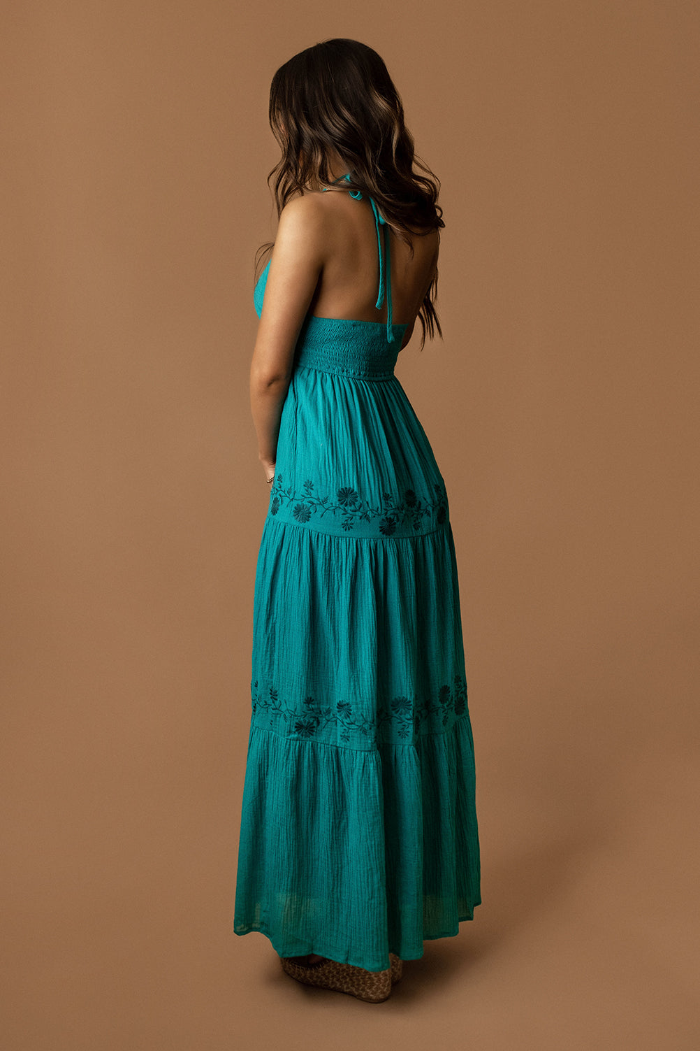 fitted lace wedding dress See You In Sicily Embroidered Maxi Dress (Teal Blue)