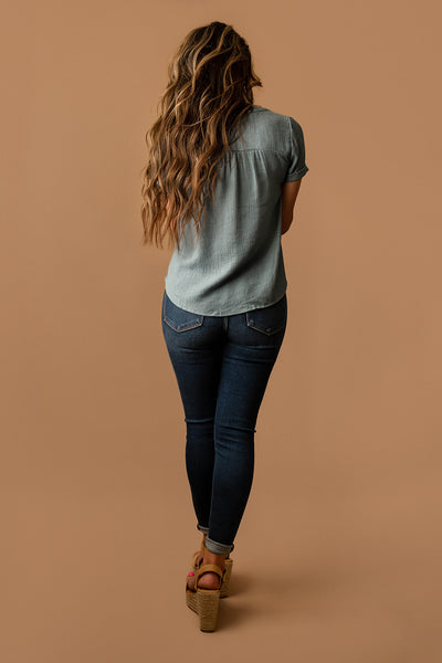 When Summer Calls Short Sleeve Blouse (Dusty Blue)