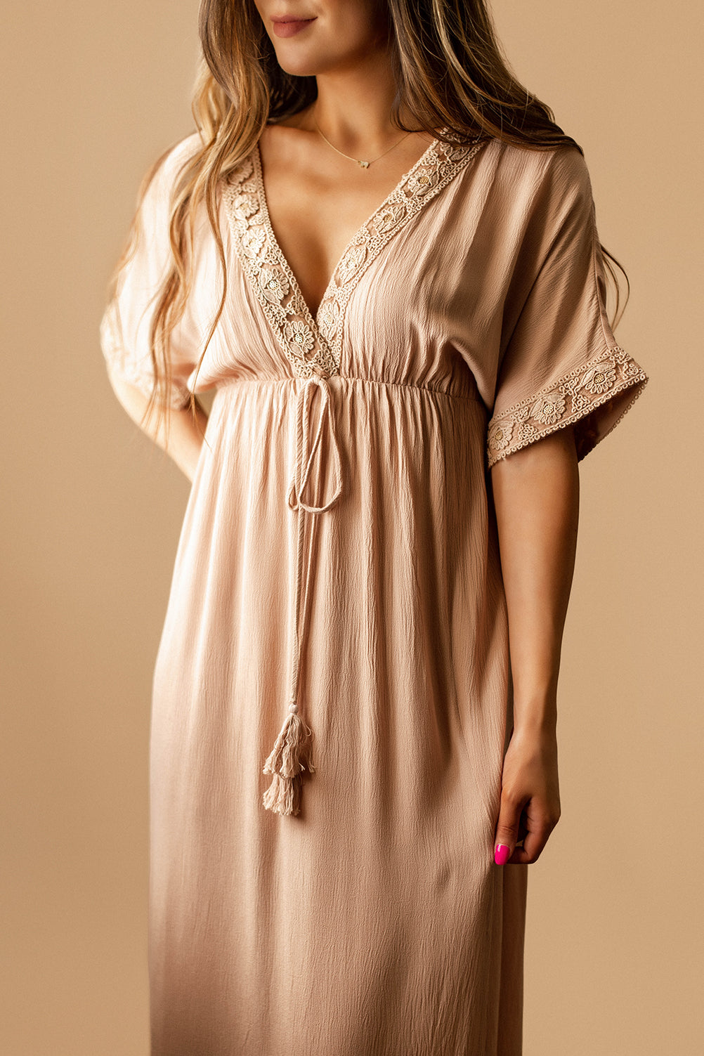 Chasing You Tassel Embellished Tie-Front Maxi Dress (Taupe / Dusty Rose) | FINAL SALE