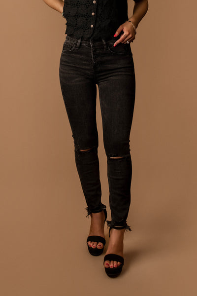 Gianna Button-Fly Distressed Skinny Jeans (Vintage Black)