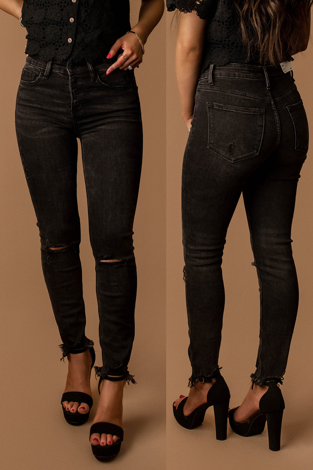 Gianna Button-Fly Distressed Skinny Jeans (Vintage Black)