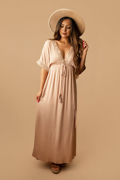 Chasing You Tassel Embellished Tie-Front Maxi Dress (Taupe / Dusty Rose) | FINAL SALE