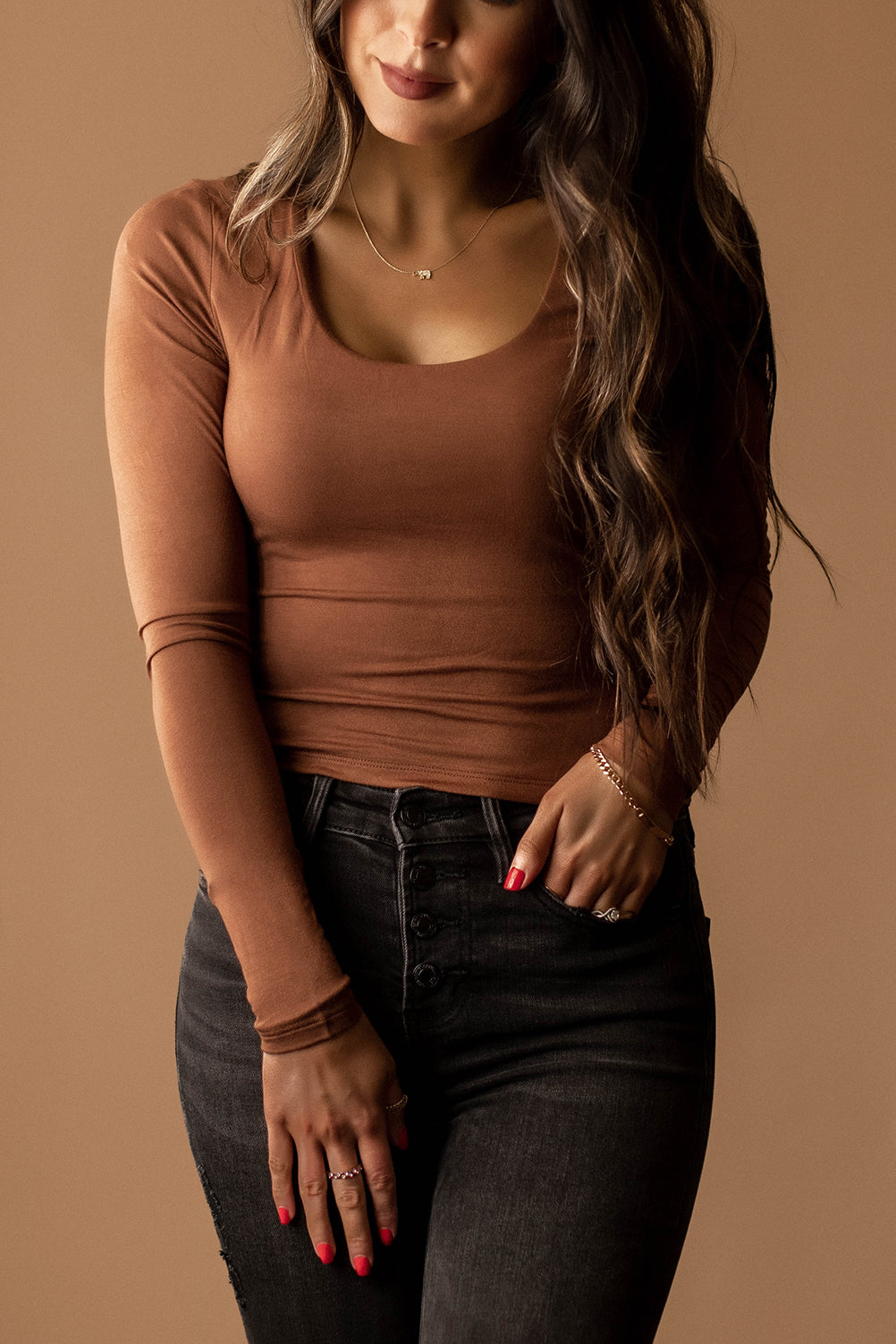 So You Say Scoop-Neck Long Sleeve Top (Chestnut Brown)