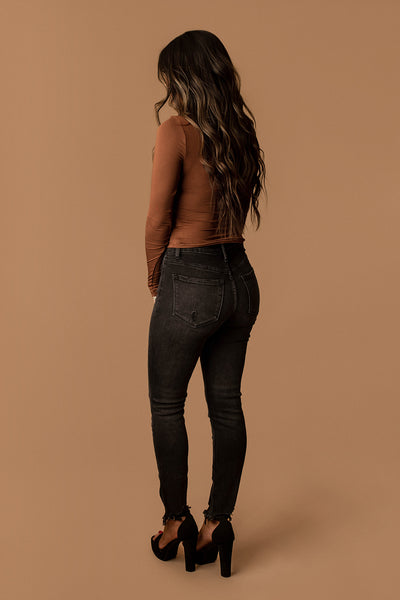So You Say Scoop-Neck Long Sleeve Top (Chestnut Brown)