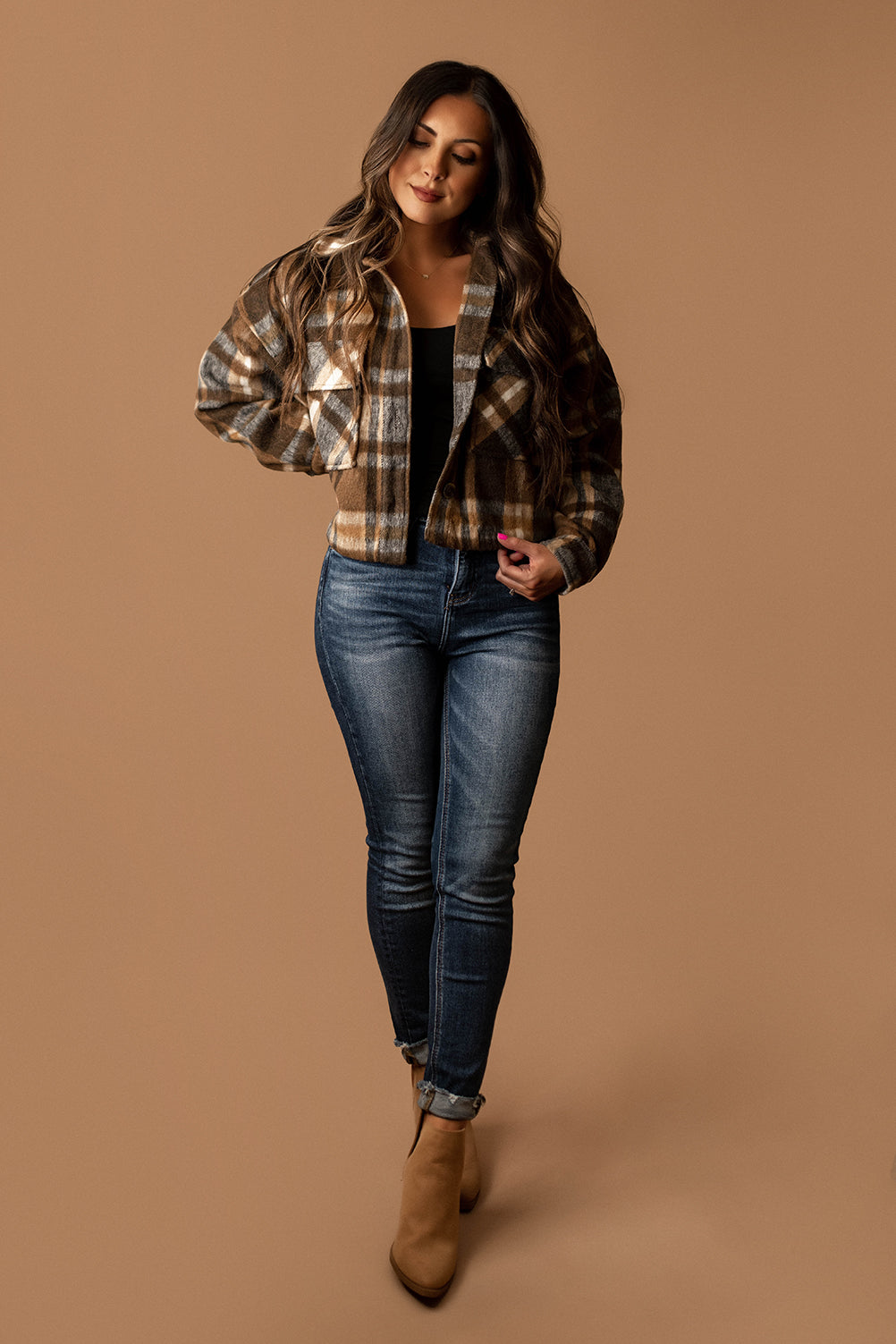 Little By Little Cropped Plaid Shacket (Brown)