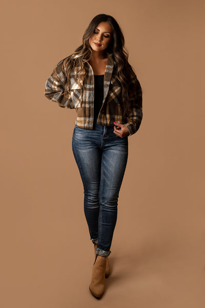 Little By Little Cropped Plaid Shacket (Brown)