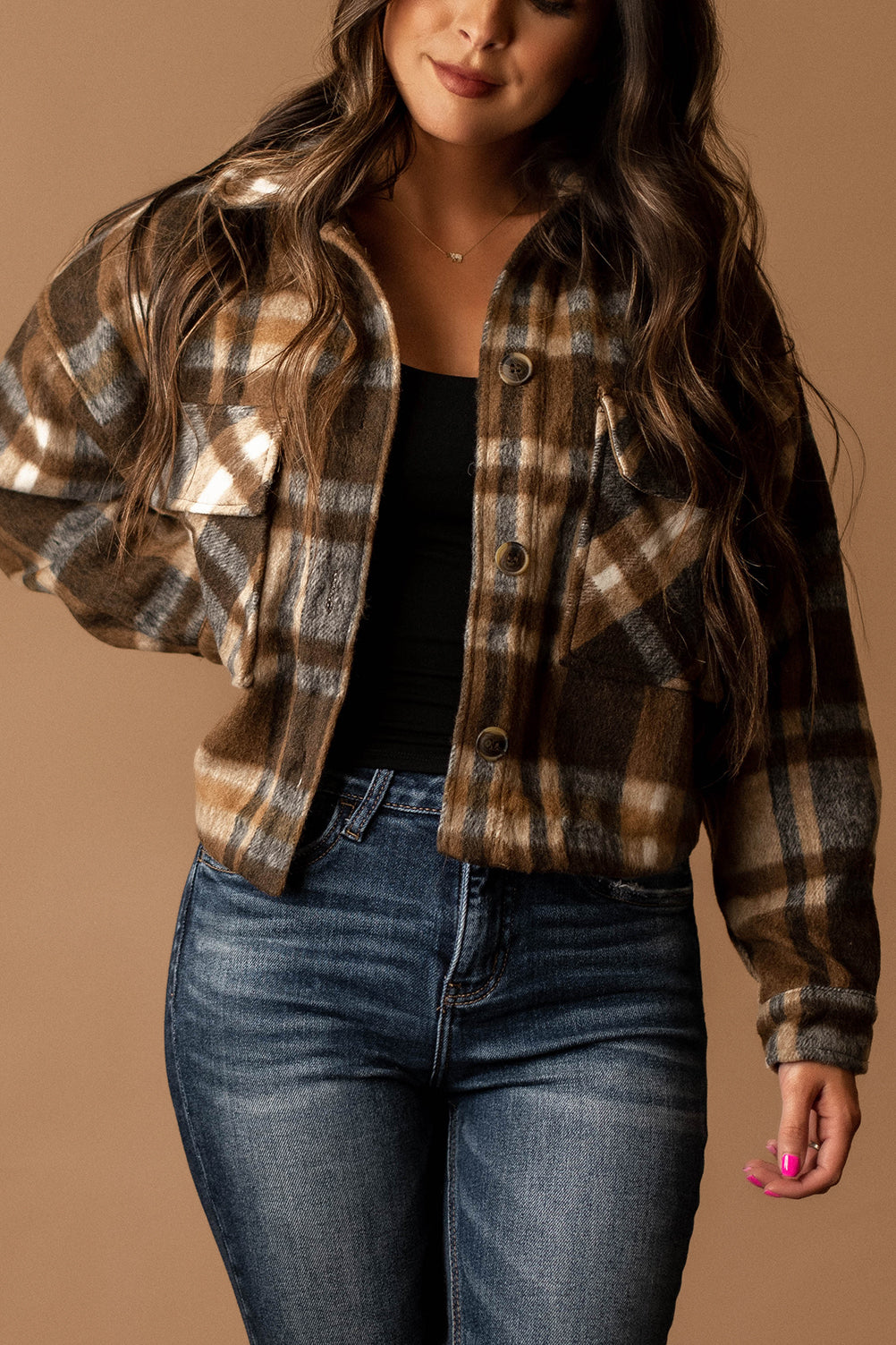 Little By Little Cropped Plaid Shacket (Brown) PREORDER