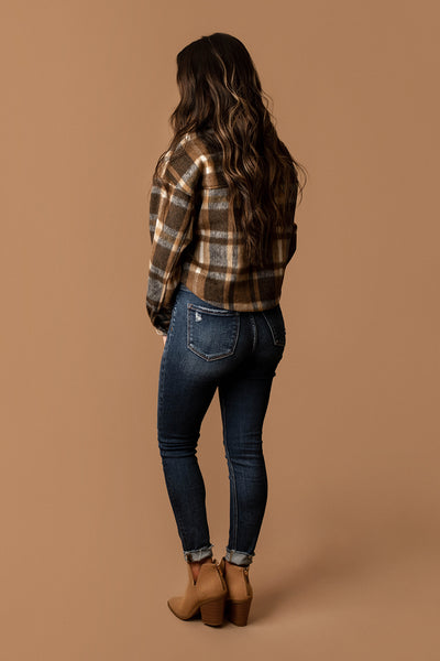 Little By Little Cropped Plaid Shacket (Brown)