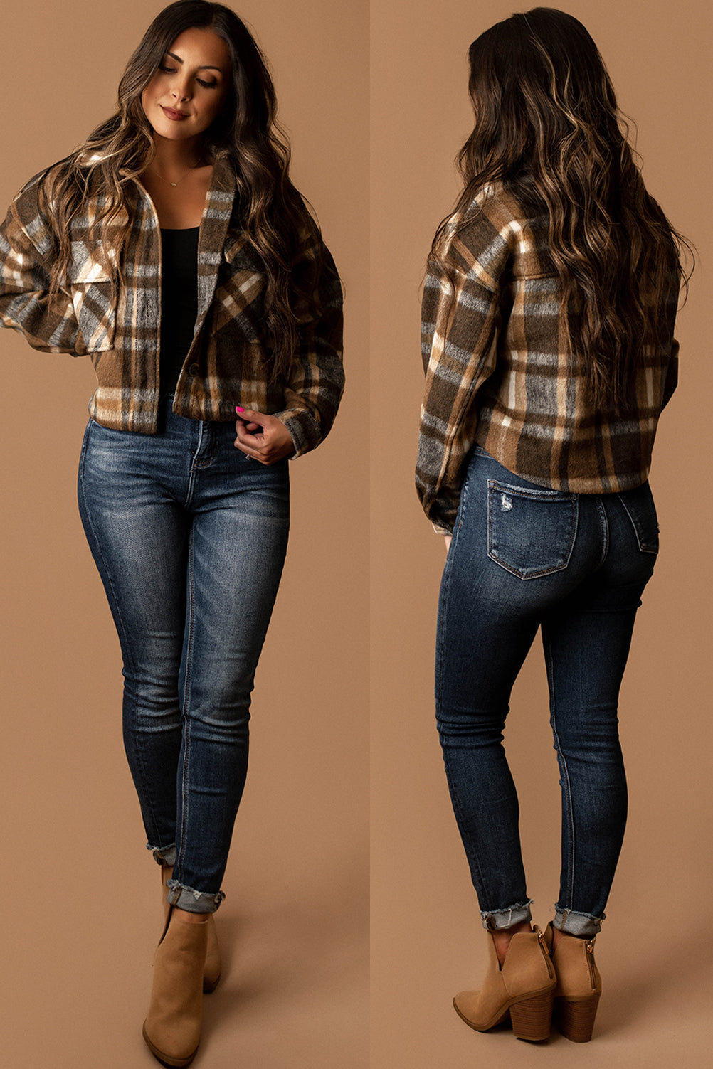 Little By Little Cropped Plaid Shacket (Brown)