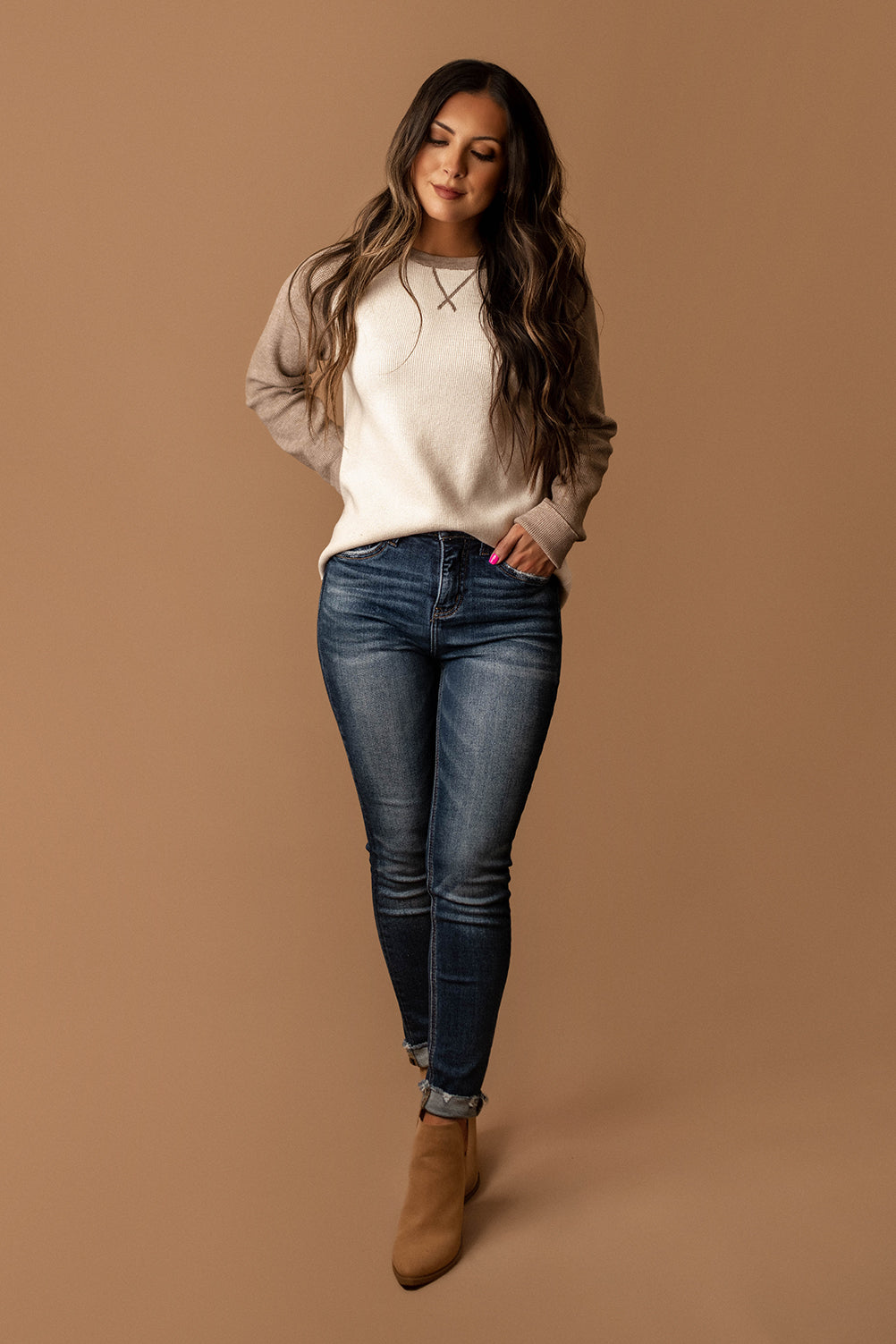 Easy Enough Waffle Textured Sweater (Mocha / White)