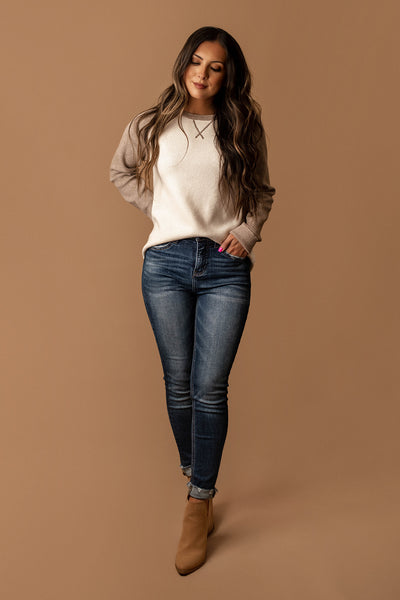 Easy Enough Waffle Textured Sweater (Mocha / White)