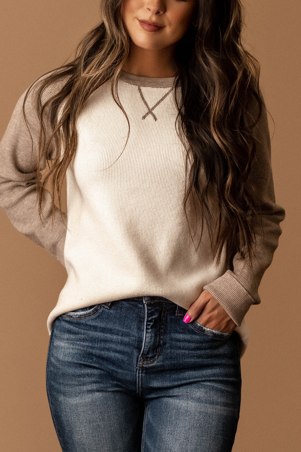 Easy Enough Waffle Textured Sweater (Mocha / White)