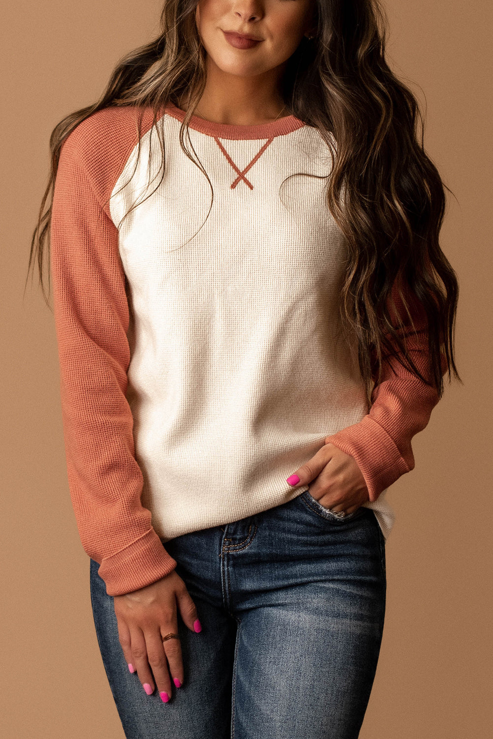 Easy Enough Waffle Textured Sweater (Terracotta / White)