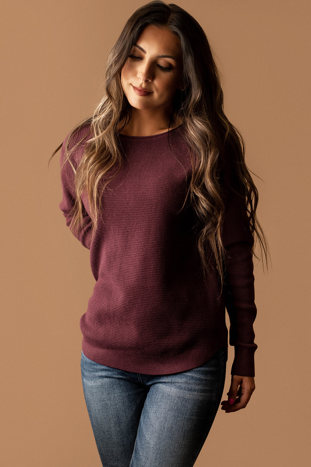 While I Wait Waffle Textured Sweater (Dark Plum)