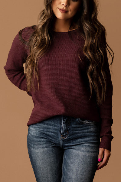 While I Wait Waffle Textured Sweater (Dark Plum)