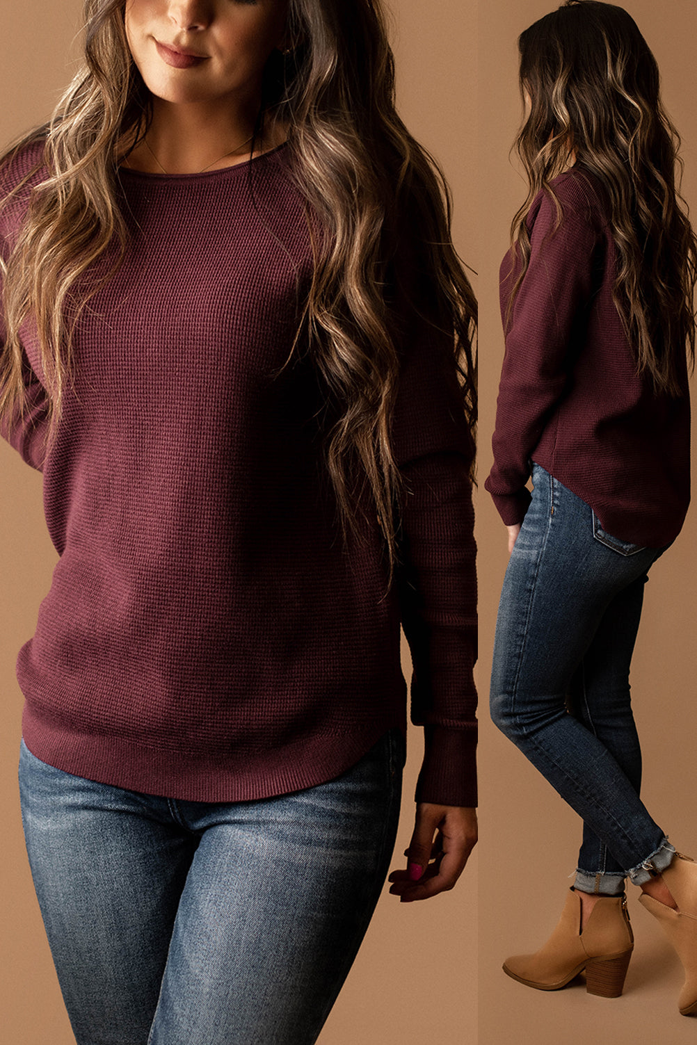 While I Wait Waffle Textured Sweater (Dark Plum)