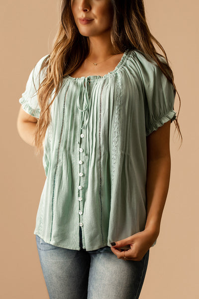 You Are To Me Pleated Short Sleeve Top (Sage Blue)