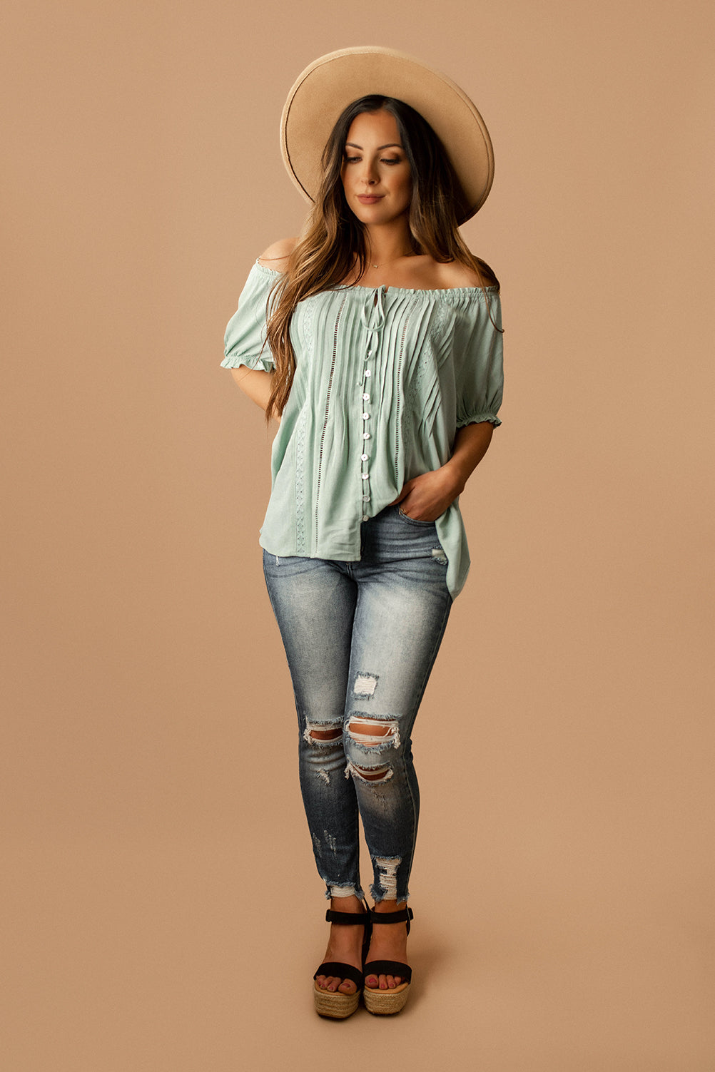 You Are To Me Pleated Short Sleeve Top (Sage Blue)