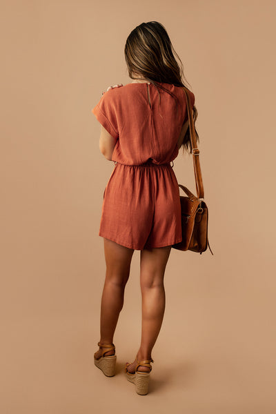 Stuck On Me Linen Romper (Rust)