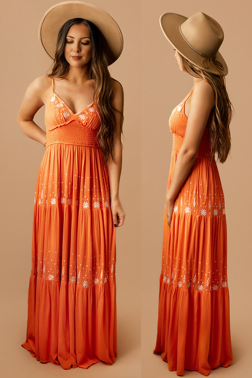 La Soleil Embroidered Tiered Maxi Dress (Orange)