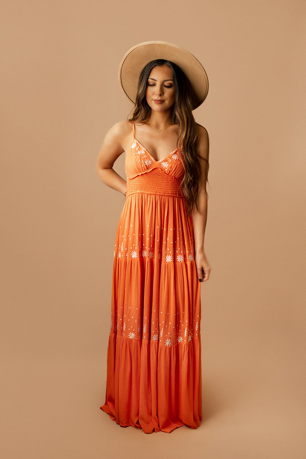 La Soleil Embroidered Tiered Maxi Dress (Orange)