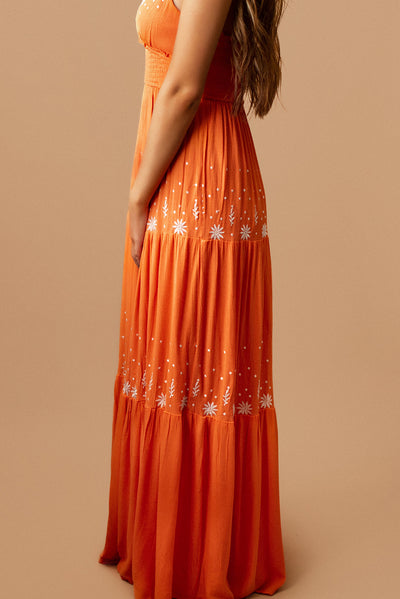 La Soleil Embroidered Tiered Maxi Dress (Orange)