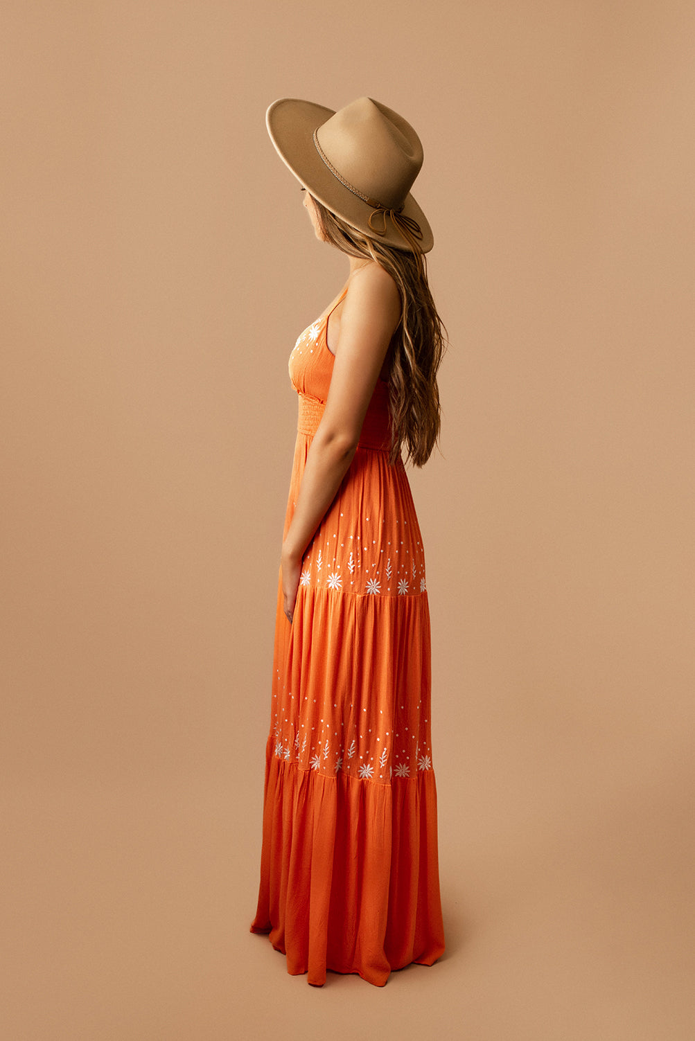 La Soleil Embroidered Tiered Maxi Dress (Orange)