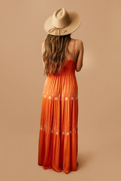 La Soleil Embroidered Tiered Maxi Dress (Orange)