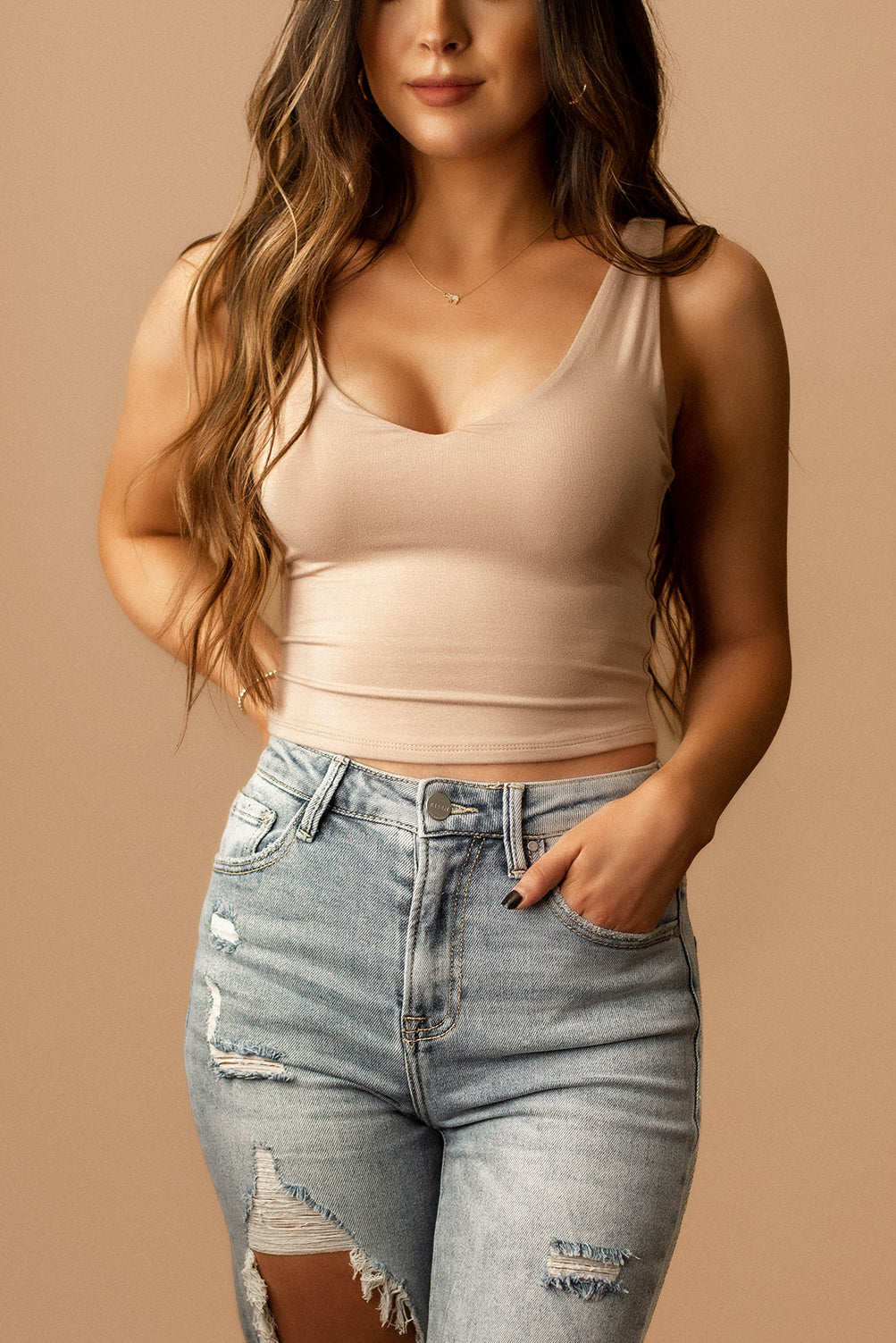 V-neck Dream Double Layered Crop Tank (Butter Rum)