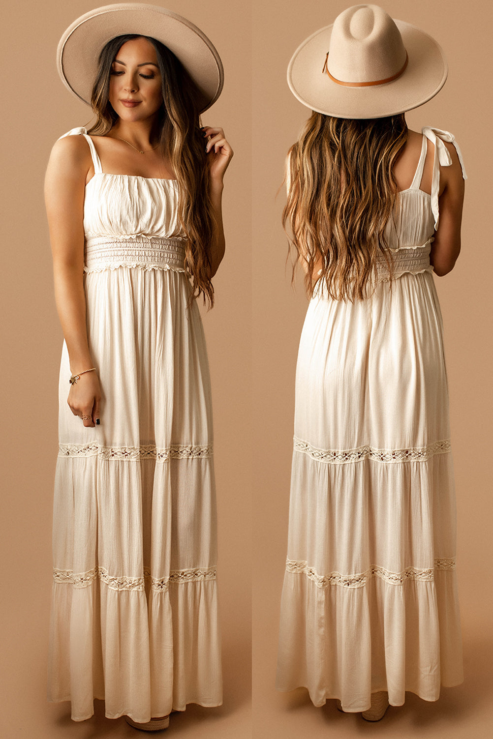 Hold On To Me Tie-Strap Tiered Maxi Dress (Ivory)