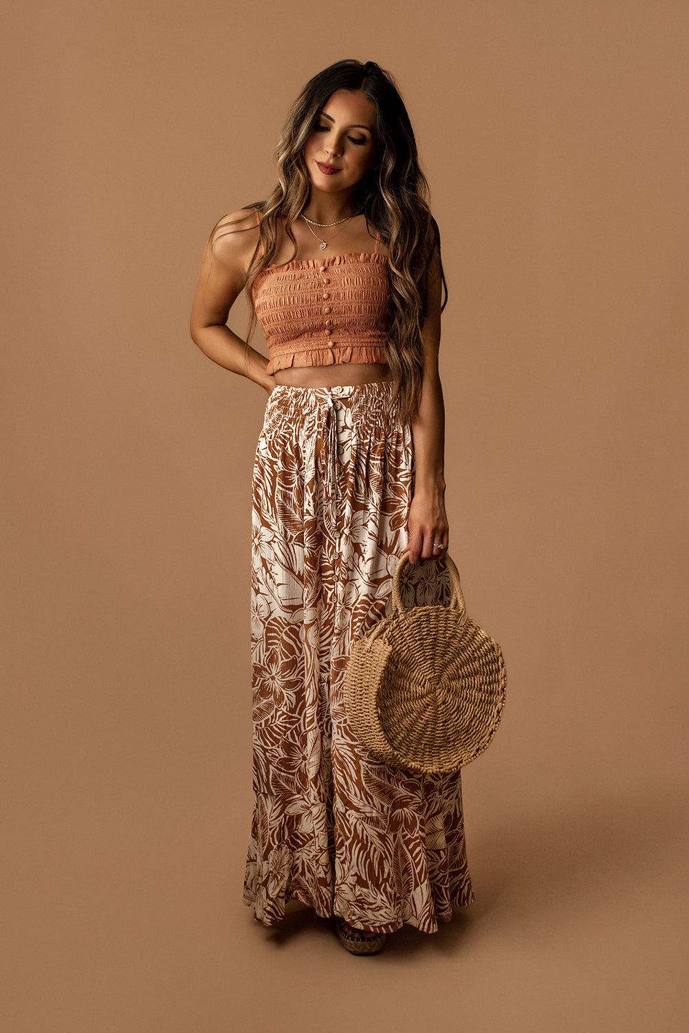 Coastal Charm Floral Maxi Skirt (Cocoa / Cream)