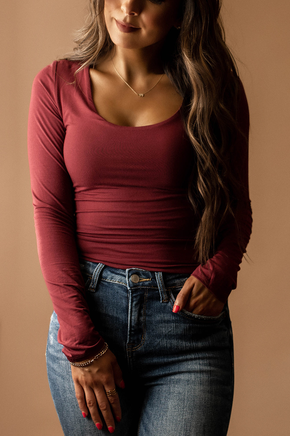 Wishful Double Layered Scoop-Neck Long Sleeve Top (Merlot)